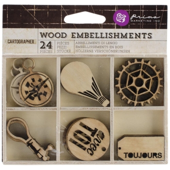 GRATIS! Prima Marketing Holzverzierungen Cartographer Wood Embellishments 24 Stück