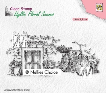 Nellie's Choice Clearstempel Idyllic Floral Scenes Old door with bike 13.8x6.7cm