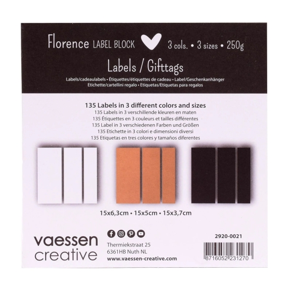 Vaessen Creative Florence Label-Block 216g/qm weiss schwarz Kraftpapier 15x15cm